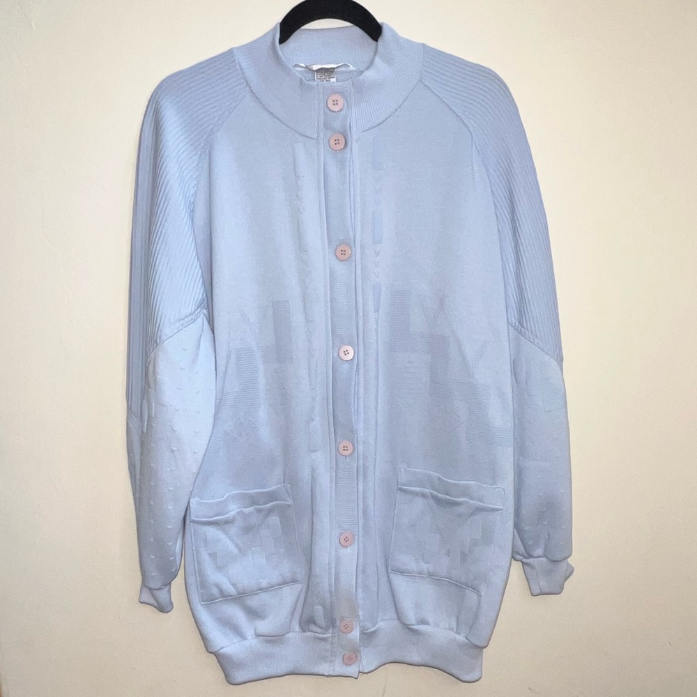 Carriage Court Womens Med Cardigan Sweater Blue Light Pastel Heart Valentines